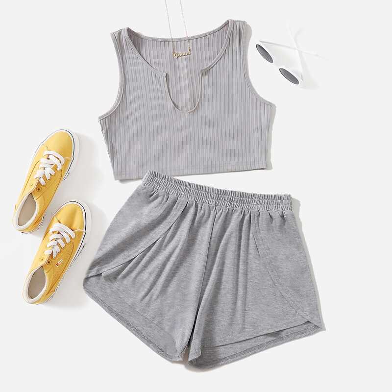 

Notch Neck Tank Top & Shorts Lounge Set, Grey