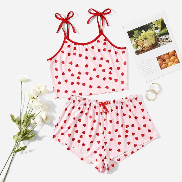 

Heart Print Tie Shoulder Crop Cami Top & Shorts PJ Set, Baby pink