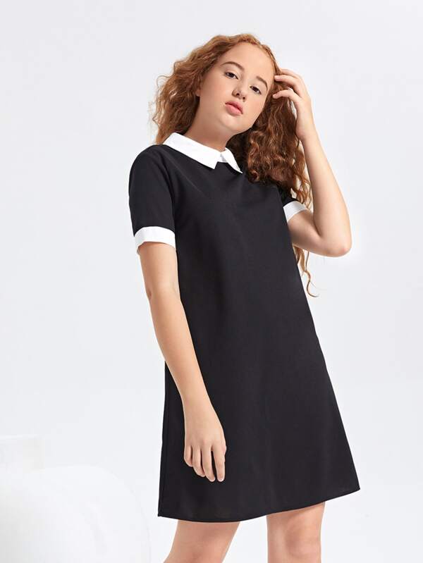 SHEIN Teen Girls Contrast Collar Tunic Dress