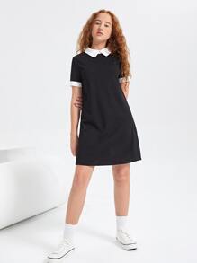 SHEIN Teen Girls Contrast Collar Tunic Dress