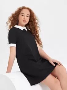 SHEIN Teen Girls Contrast Collar Tunic Dress