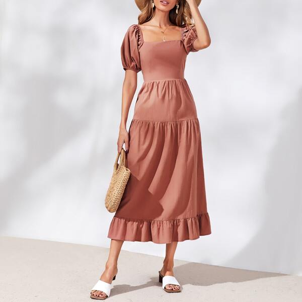 

Square Neck Puff Sleeve Ruffle Hem Dress, Redwood