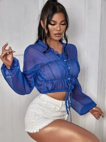 褶邊前紐扣罩衫 - 寶藍色 - 查看 3