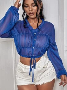 褶邊前紐扣罩衫 - 寶藍色 - 查看 4