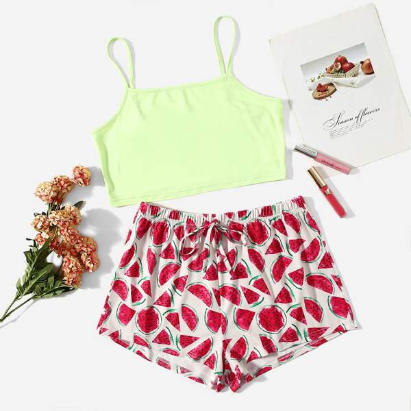 

Crop Cami Top & Watermelon Print Shorts PJ Set, Multicolor