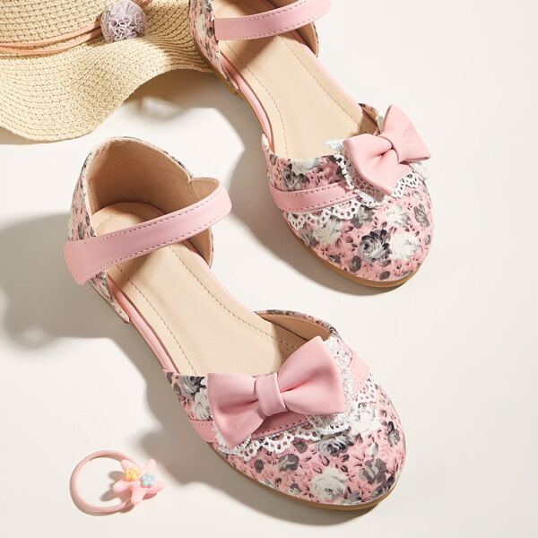 

Girls Bow Decor Floral Graphic Velcro Strap Flats, Pink
