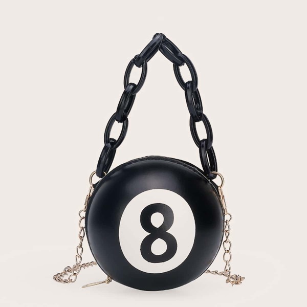 

Mini Billiard Shaped Chain Circle Bag, Black