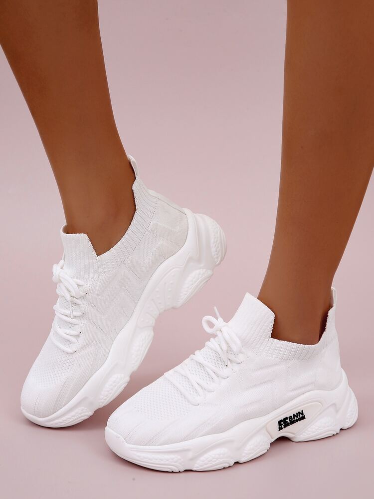 Lace-up Front Chunky Running Shoes - White - View 4
