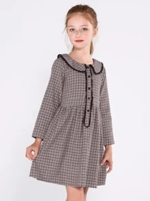 SOLOCOTE Girls Peter Pan Collar Plaid Print Half Button Dress - Coffee Brown - View 1
