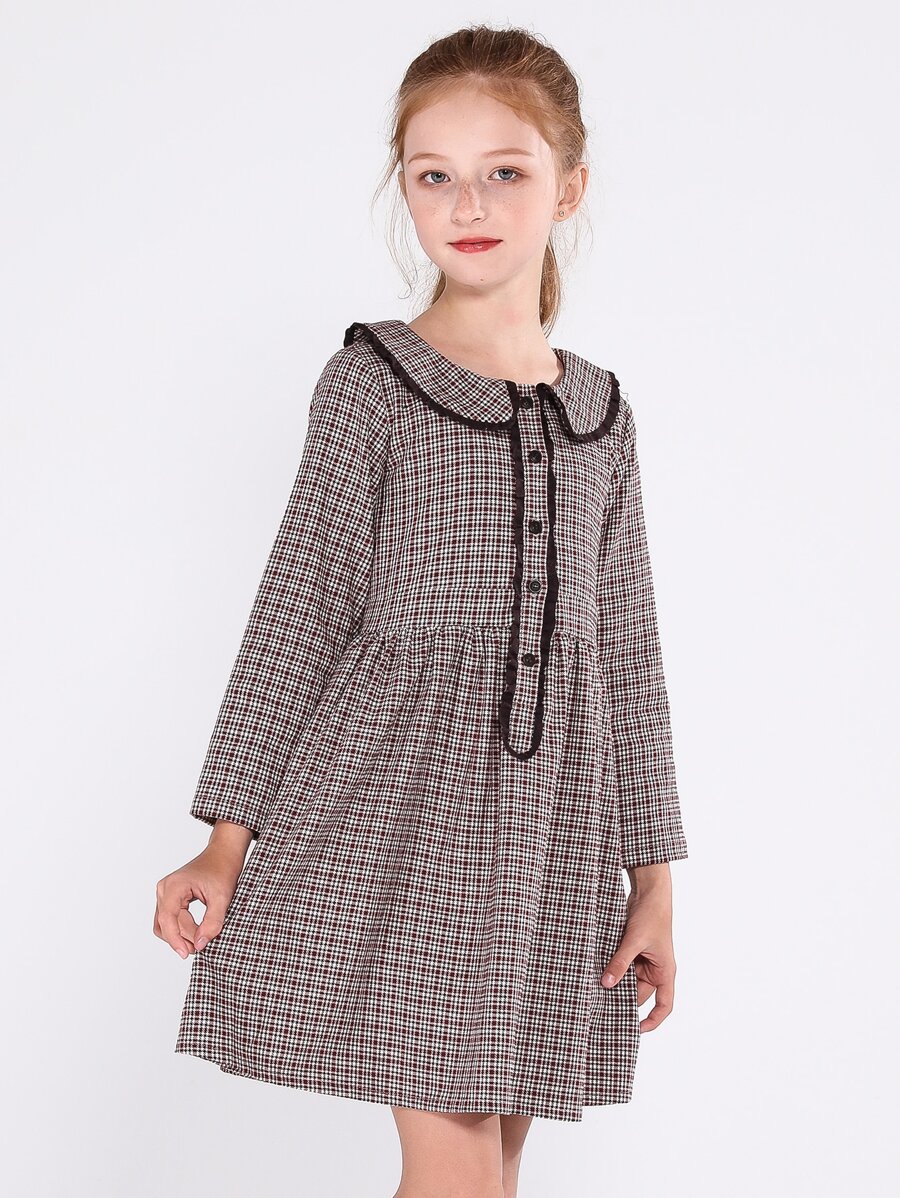 SOLOCOTE Girls Peter Pan Collar Plaid Print Half Button Dress - Coffee Brown - View 1