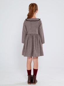 SOLOCOTE Girls Peter Pan Collar Plaid Print Half Button Dress - Coffee Brown - View 2