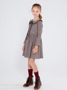 SOLOCOTE Girls Peter Pan Collar Plaid Print Half Button Dress - Coffee Brown - View 3