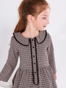 SOLOCOTE Girls Peter Pan Collar Plaid Print Half Button Dress - Coffee Brown - View 5
