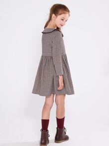SOLOCOTE Girls Peter Pan Collar Plaid Print Half Button Dress - Coffee Brown - View 6