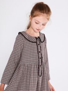 SOLOCOTE Girls Peter Pan Collar Plaid Print Half Button Dress - Coffee Brown - View 7