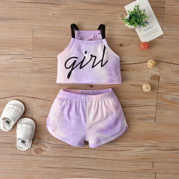 

Baby Girl Letter Tie Dye Top & Track Shorts, Multicolor