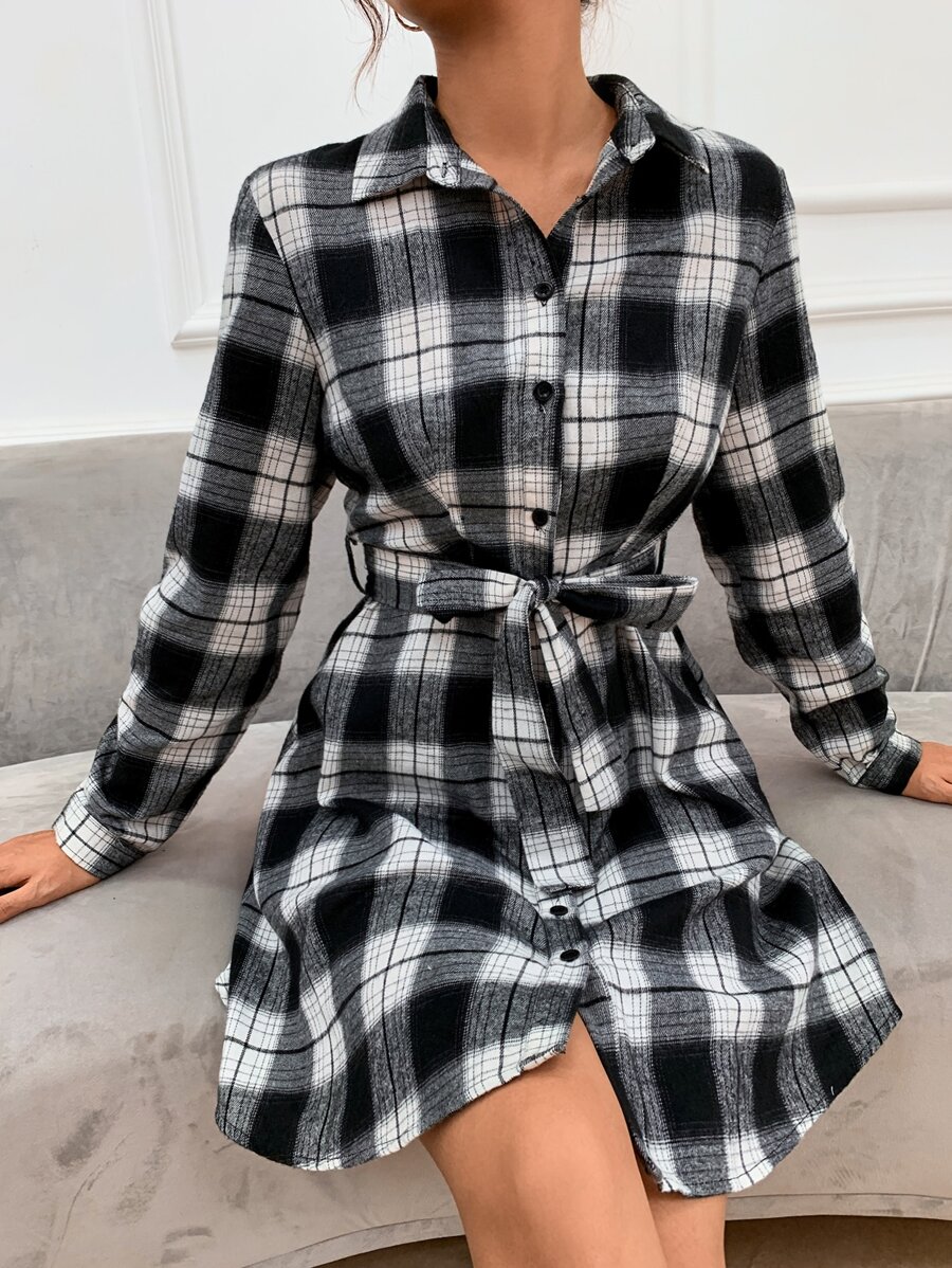 SHEIN LUNE Plaid Button Up Shirt Dress - Black and White - View 1