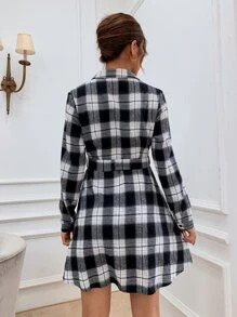 SHEIN LUNE Plaid Button Up Shirt Dress - Black and White - View 2