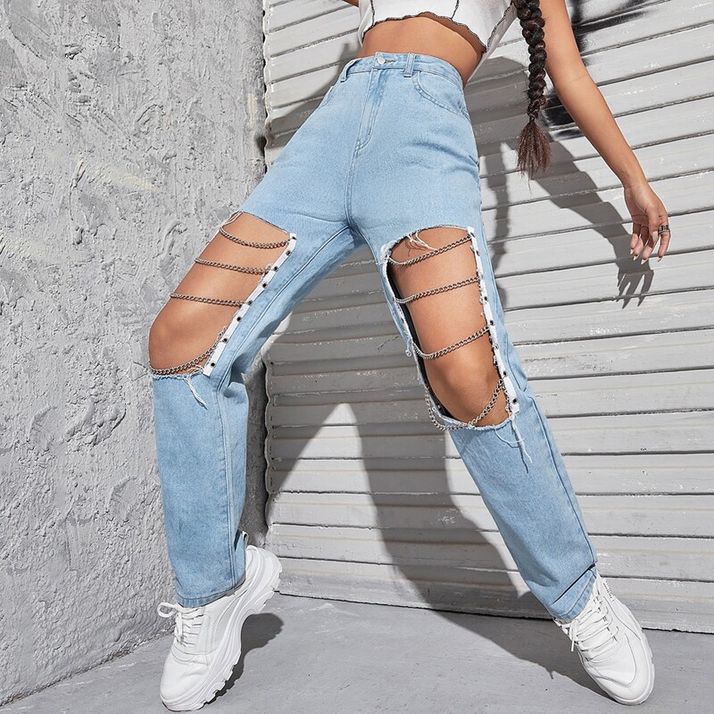 

Chain Detail Straight Leg Jeans, Blue