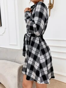 SHEIN LUNE Plaid Button Up Shirt Dress - Black and White - View 4
