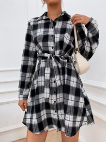 SHEIN LUNE Plaid Button Up Shirt Dress - Black and White - View 5