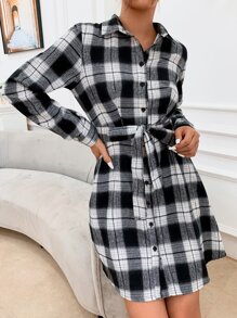 SHEIN LUNE Plaid Button Up Shirt Dress - Black and White - View 6