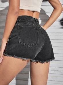 SHEIN EZwear High Waist Raw Trim Denim Shorts
