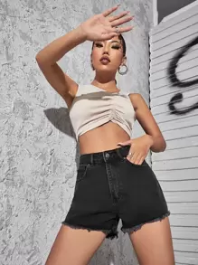 SHEIN EZwear High Waist Raw Trim Denim Shorts