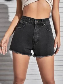 SHEIN EZwear High Waist Raw Trim Denim Shorts