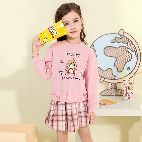 

Girls Cartoon & Letter Graphic Pullover & Tartan Skirt Set, Baby pink