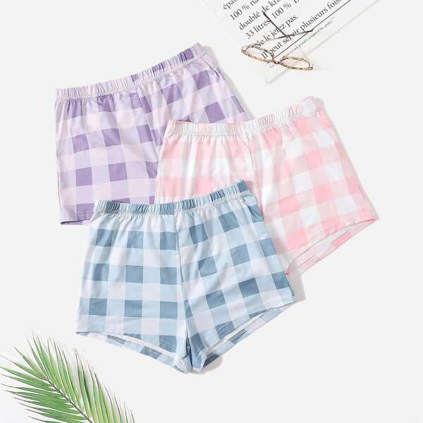 

3pcs Buffalo Plaid Sleep Shorts, Multicolor