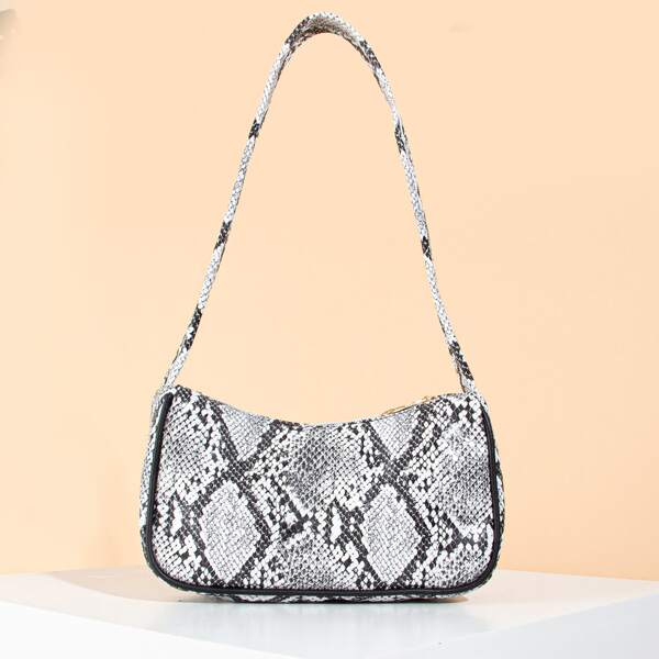 

Snakeskin Pattern Baguette Bag, Black and white