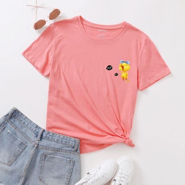 

Cartoon And Letter Graphic Tee, Coral pink