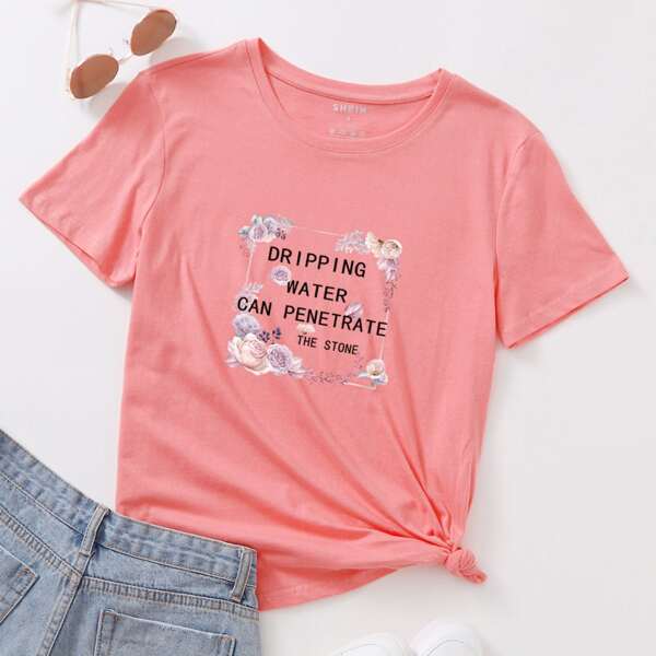 

Slogan & Floral Print Tee, Coral pink