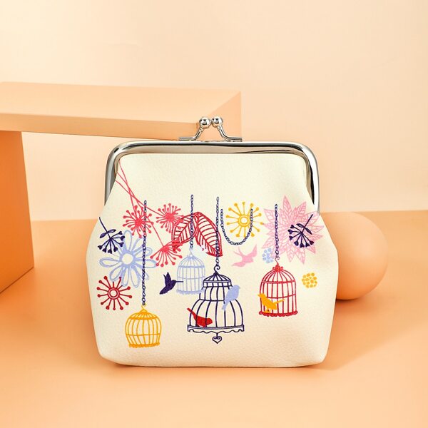 

Plant & Bird Pattern Kiss Lock Coin Case, Beige