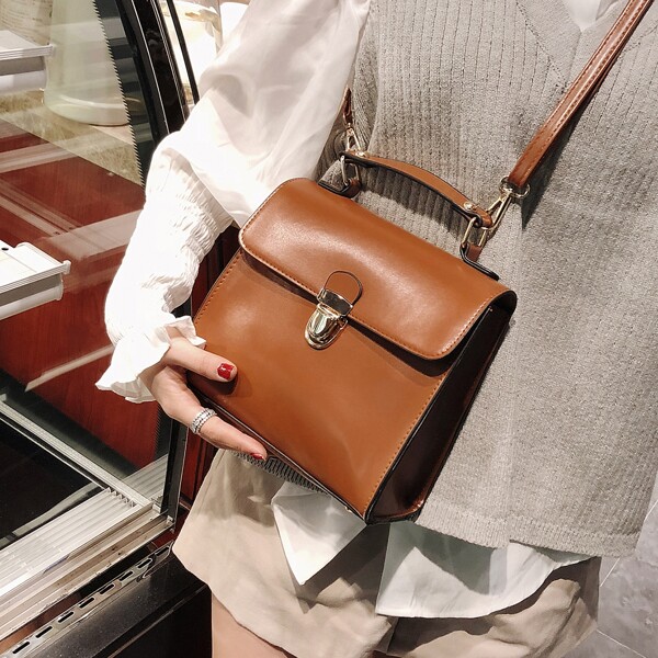 

Solid Buckle Satchel Bag, Brown
