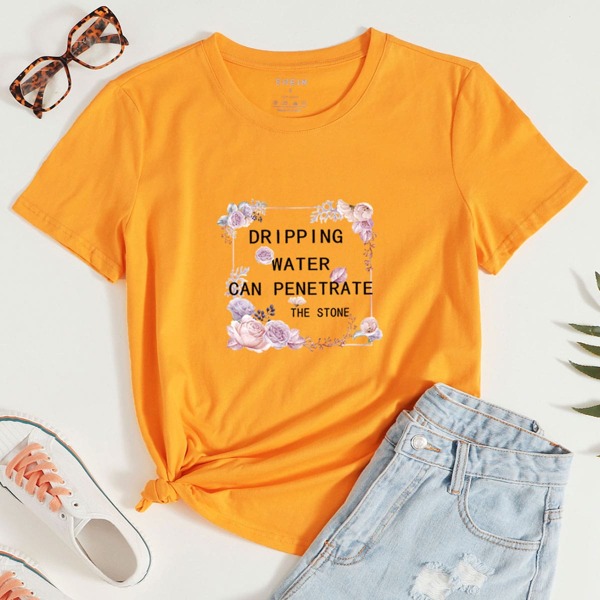 

Slogan & Floral Print Tee, Yellow