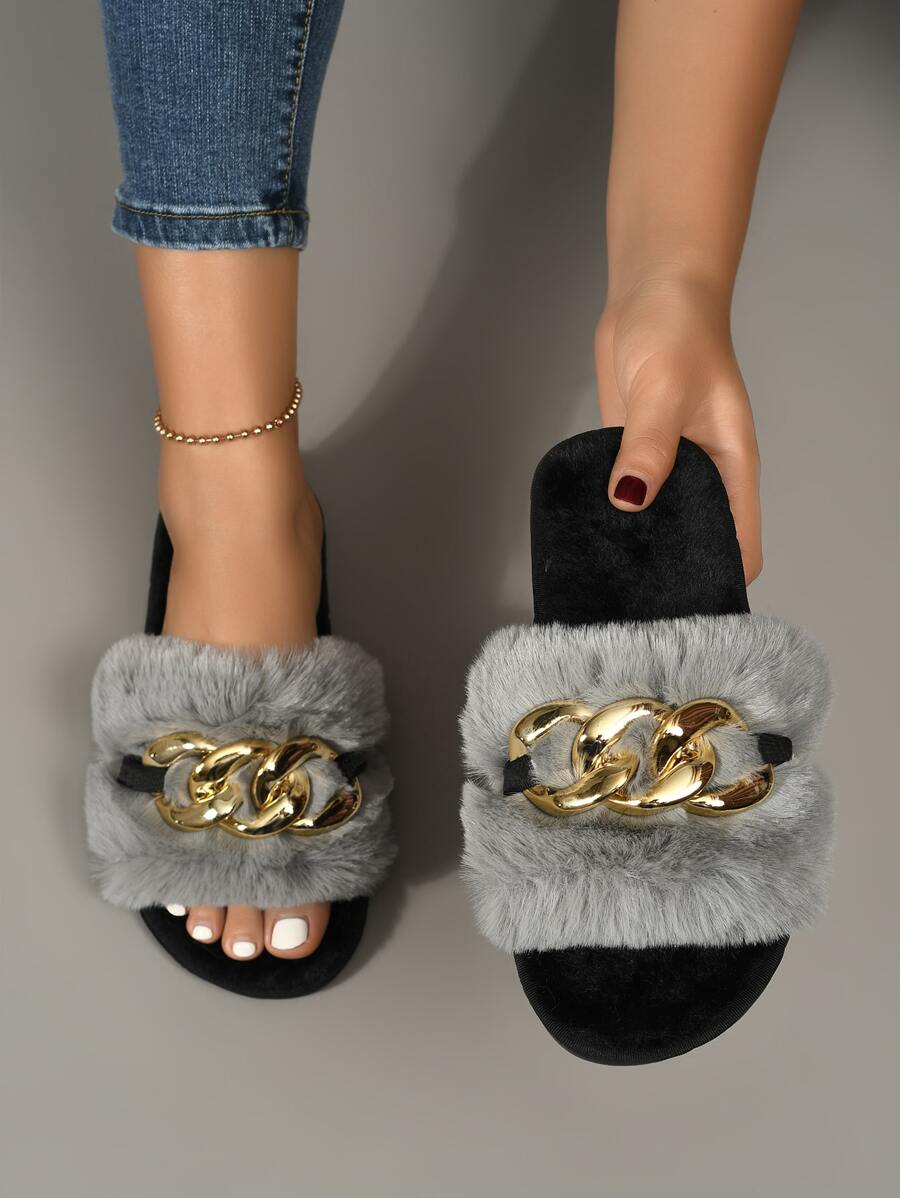 Chain Decor Fluffy Bedroom Slippers - Grey - View 1