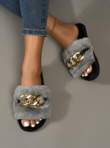 Chain Decor Fluffy Bedroom Slippers - Grey - View 2