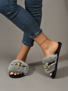 Chain Decor Fluffy Bedroom Slippers - Grey - View 3