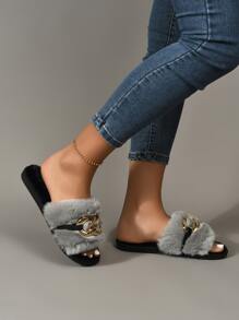 Chain Decor Fluffy Bedroom Slippers - Grey - View 4
