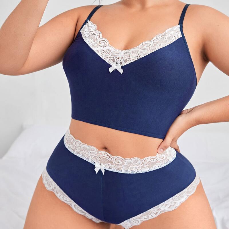 

Plus Lace Trim Lingerie Set, Navy blue
