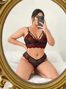 Set de lencería con encaje floral arnés - Burdeos - Ver 1