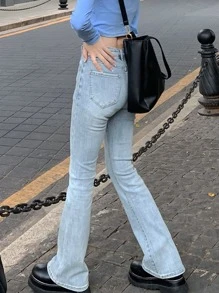 女士百搭纯色喇叭裤，时尚百搭，适合日常通勤和春季休闲穿着 - 淺色水洗藍 - 查看 2