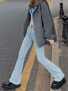 女士百搭纯色喇叭裤，时尚百搭，适合日常通勤和春季休闲穿着 - 淺色水洗藍 - 查看 3