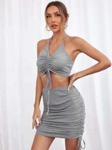 SHEIN Privé Cordão Tubo Top de alça & Saia Apertada Conjuntos - Cinza Claro - Visão 5
