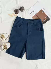 Quần short Nút Túi Hem thô Dây kéo màu trơn Giải trí - Màu xanh hải quân - Xem 1