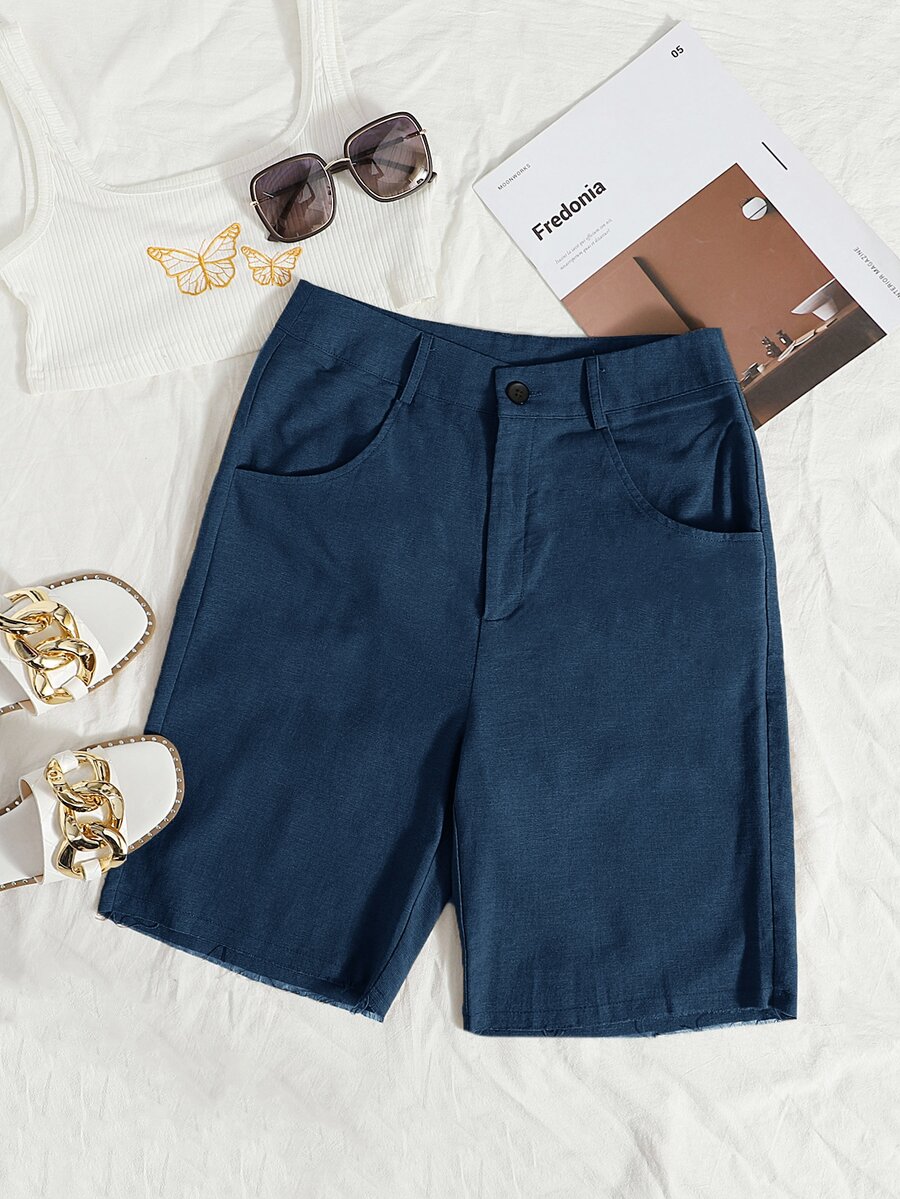 Quần short Nút Túi Hem thô Dây kéo màu trơn Giải trí - Màu xanh hải quân - Xem 1
