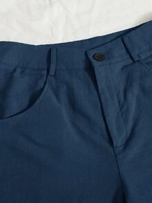 Quần short Nút Túi Hem thô Dây kéo màu trơn Giải trí - Màu xanh hải quân - Xem 3