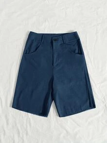 Quần short Nút Túi Hem thô Dây kéo màu trơn Giải trí - Màu xanh hải quân - Xem 4